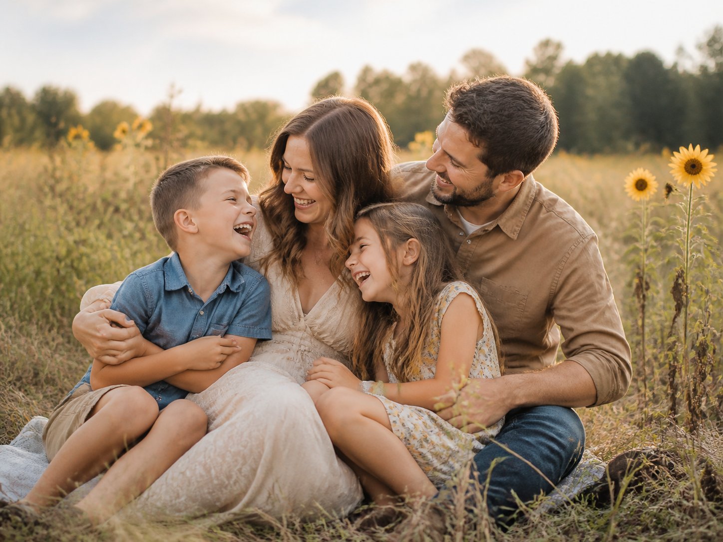 Family laughing together in a field